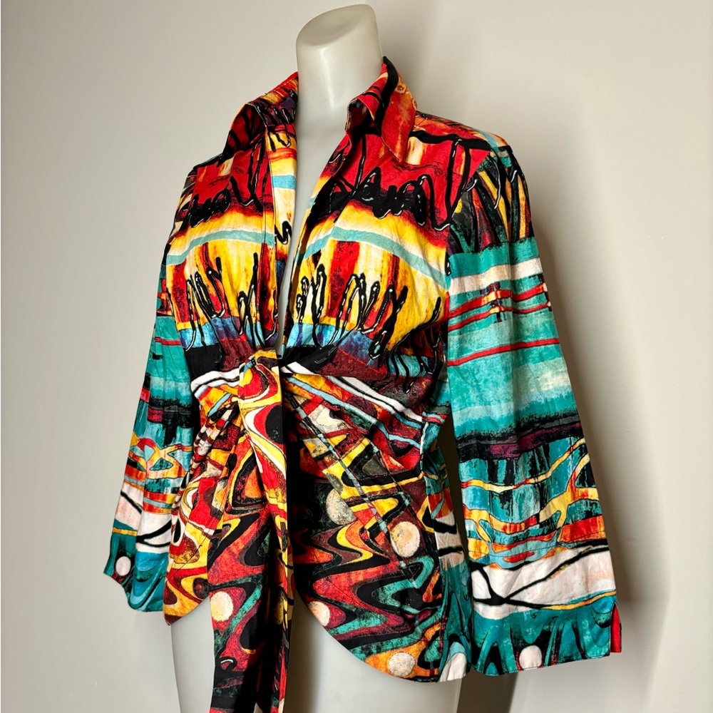 Mishca Tie Front Blouse Size Large Colorful Retro Funky - Picture 2 of 9
